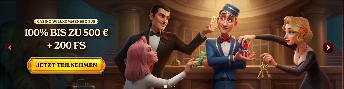 Casino welcome bonus banner with 100% up to €500 and 200 free spins promotion