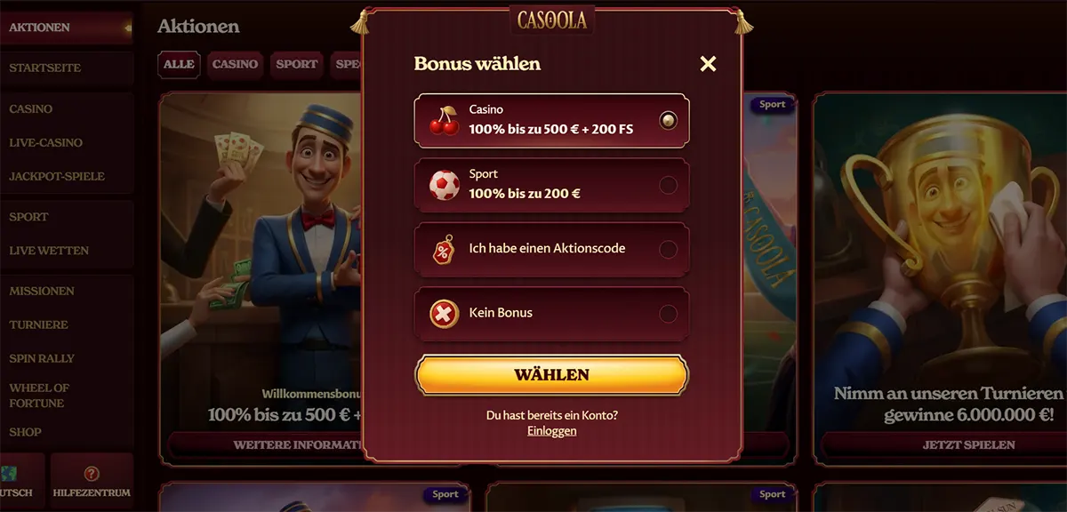 Casino welcome bonus selection popup with casino and sports bonus options